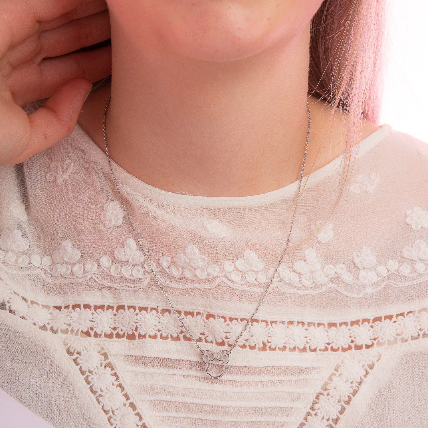 Model_Wearing_Disney_Minnie_Mouse_Outline_Necklace_Stainless_Steel_Couture_Kingdom